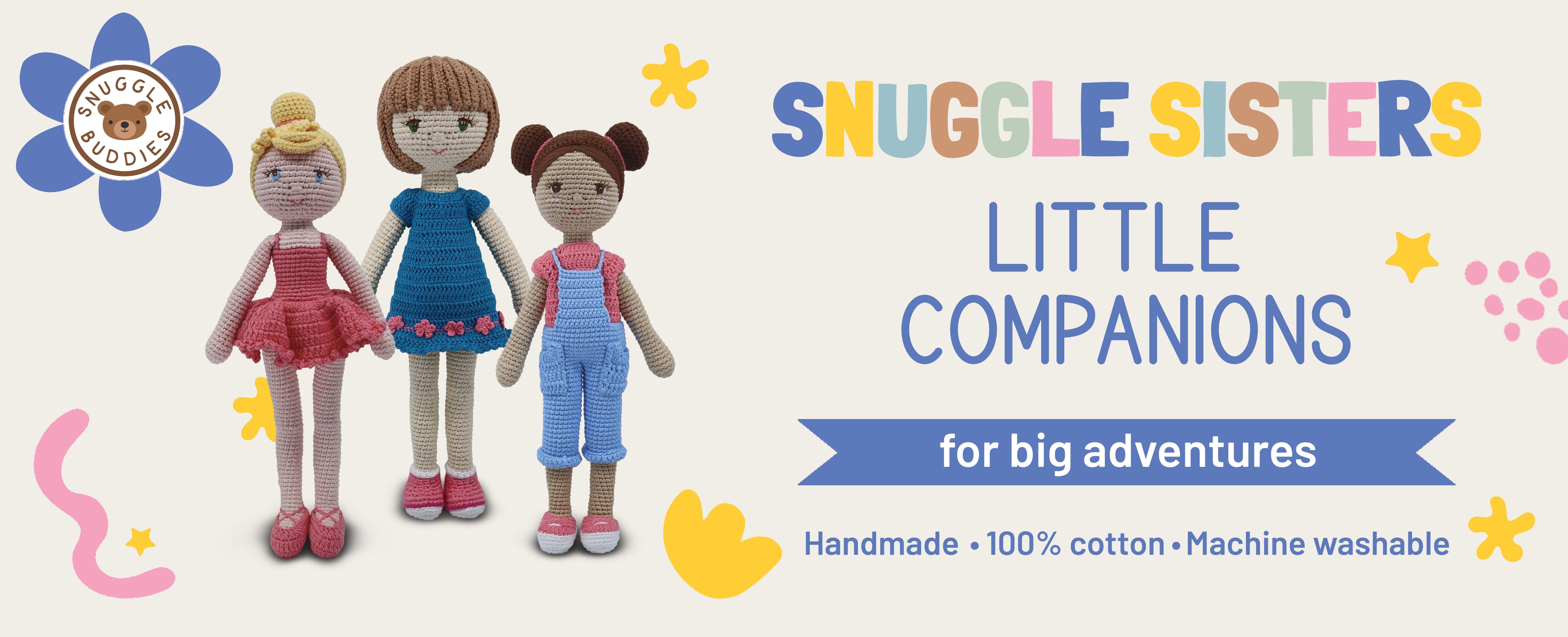 Three handmade dolls with colorful outfits on a white background, featuring the 'Snuggle Sisters' branding.